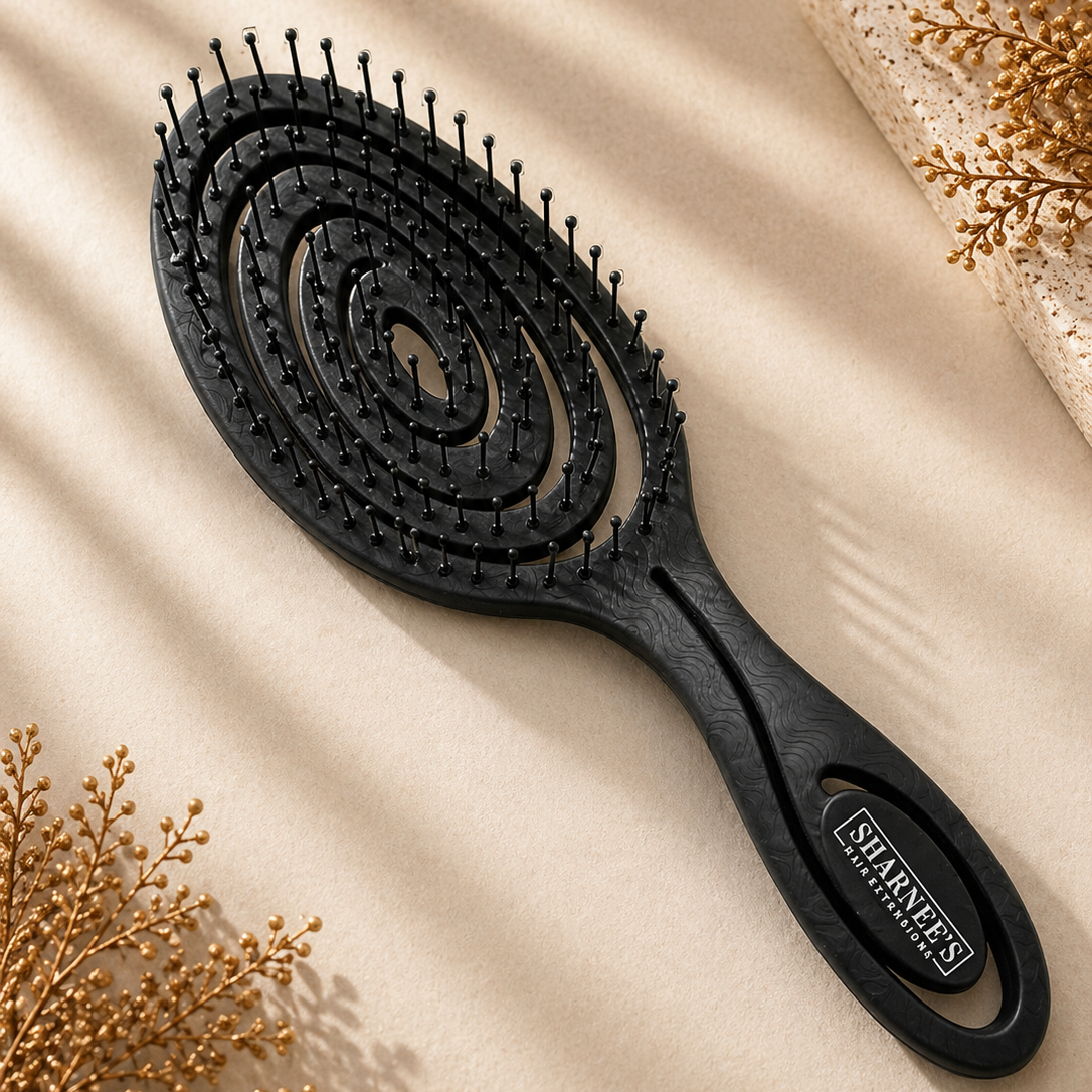 Black hairbrush with decorative elements on a beige background