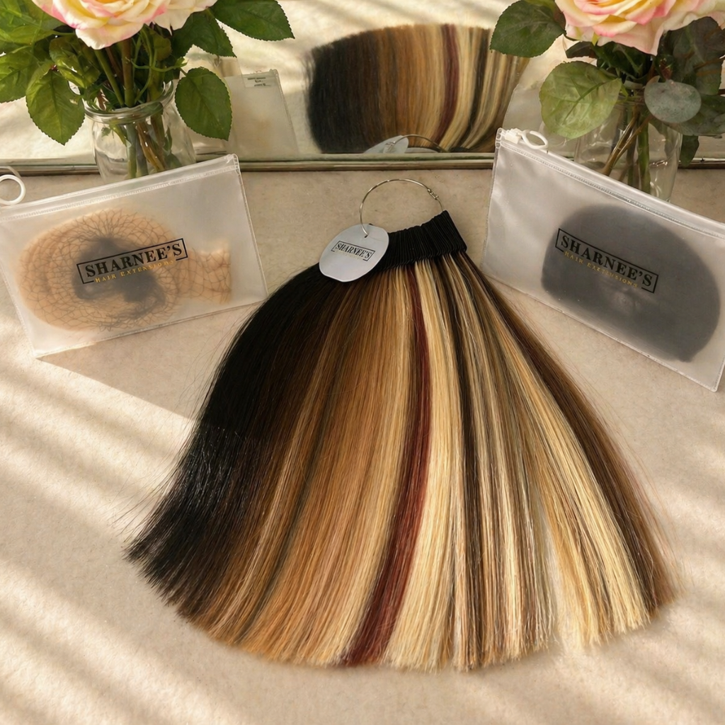 Hair color sample with a mirror reflecting flowers and a clear bag with hair products on a textured surface.