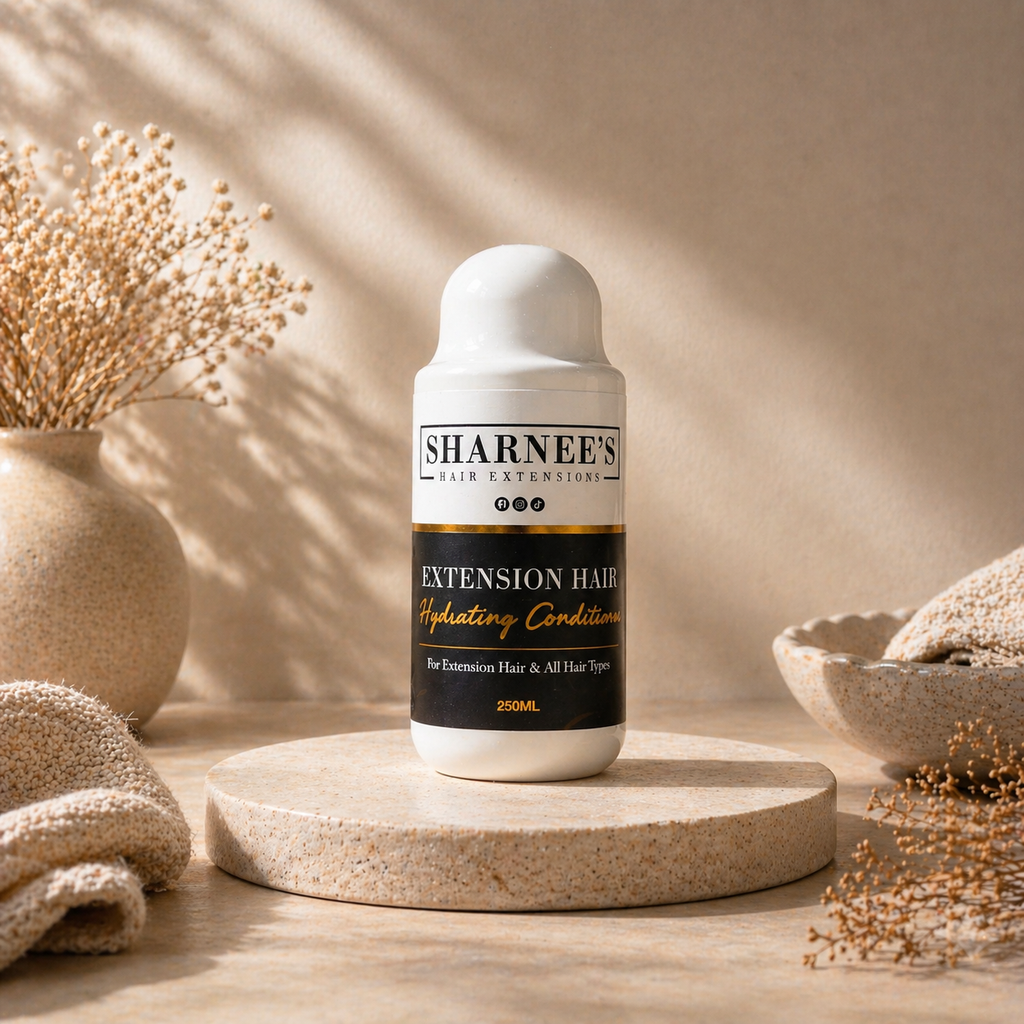 Sharnee's hair extension care product on a wooden surface with decorative elements.