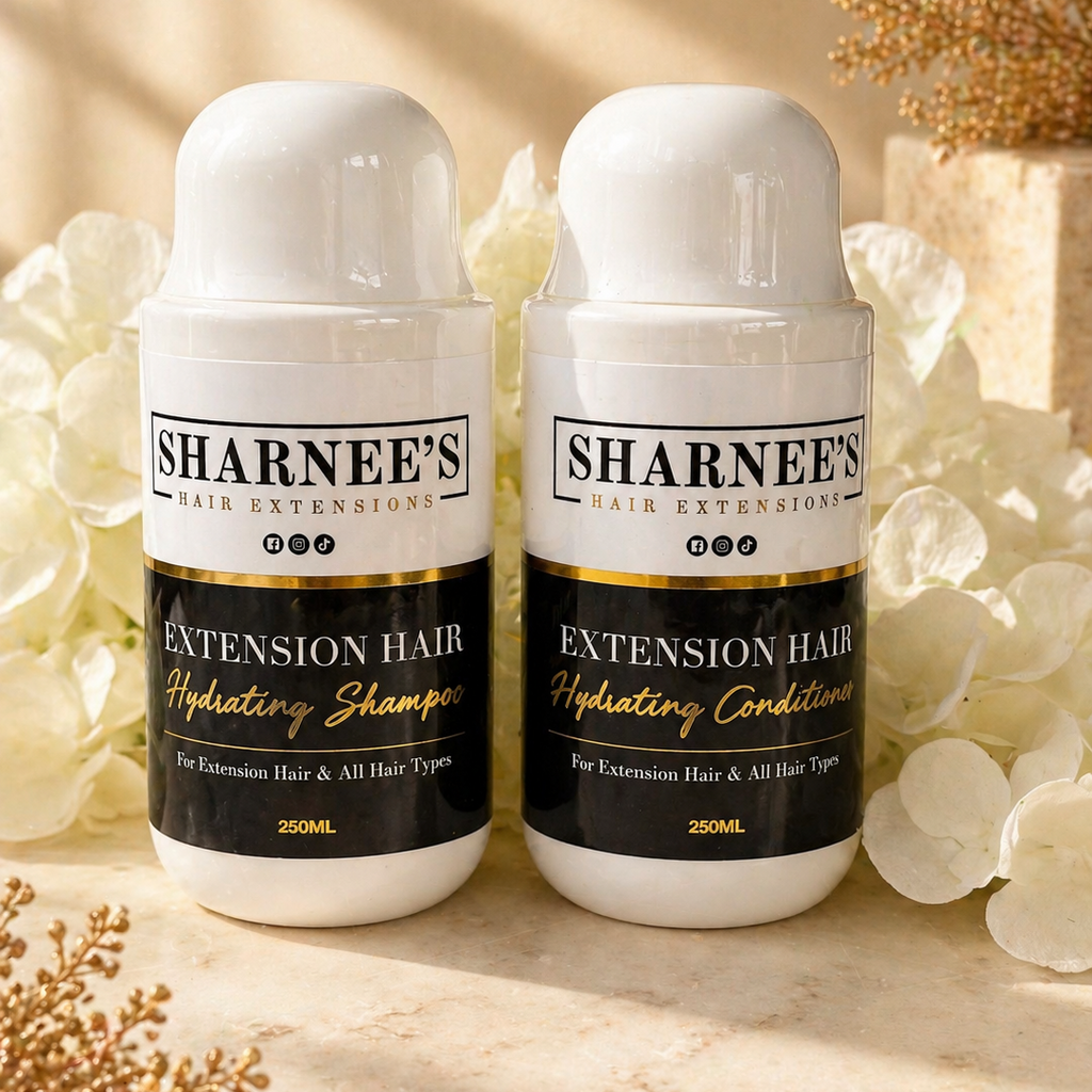 Two bottles of Sharneee's Extension Hair Hydrating Shampoo and Conditioner on a neutral background with flowers.