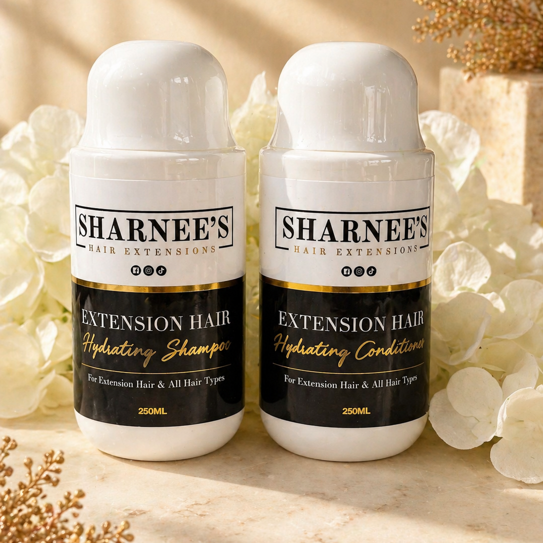Two bottles of Sharneee's Extension Hair Hydrating Shampoo and Conditioner on a neutral background with flowers.