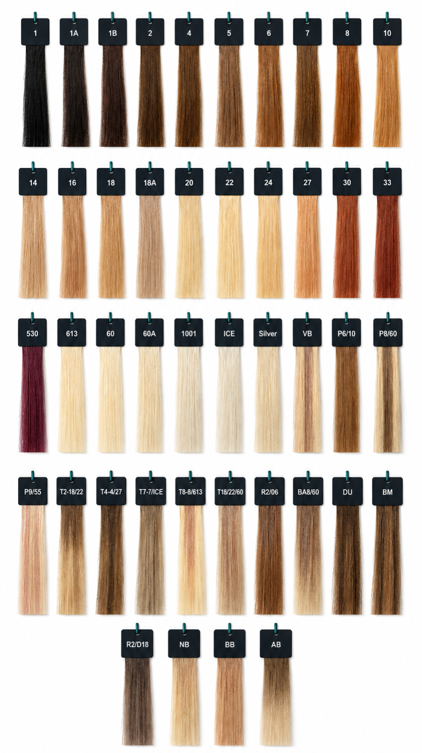 Set of hair extensions in various colors with labeled color codes on a white background.