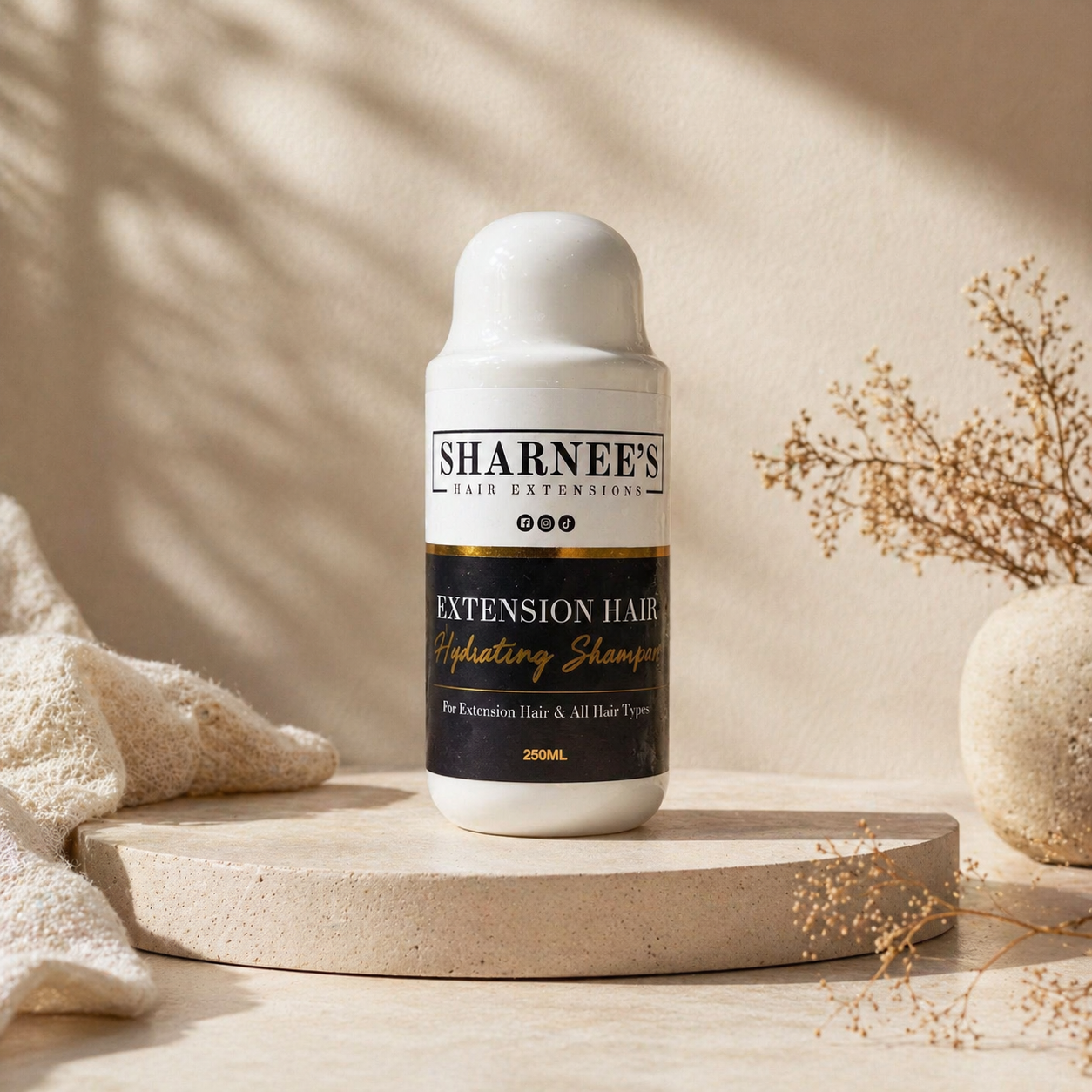 Sharnee's extension hair hydrating shampoo bottle on a wooden platform with a neutral background