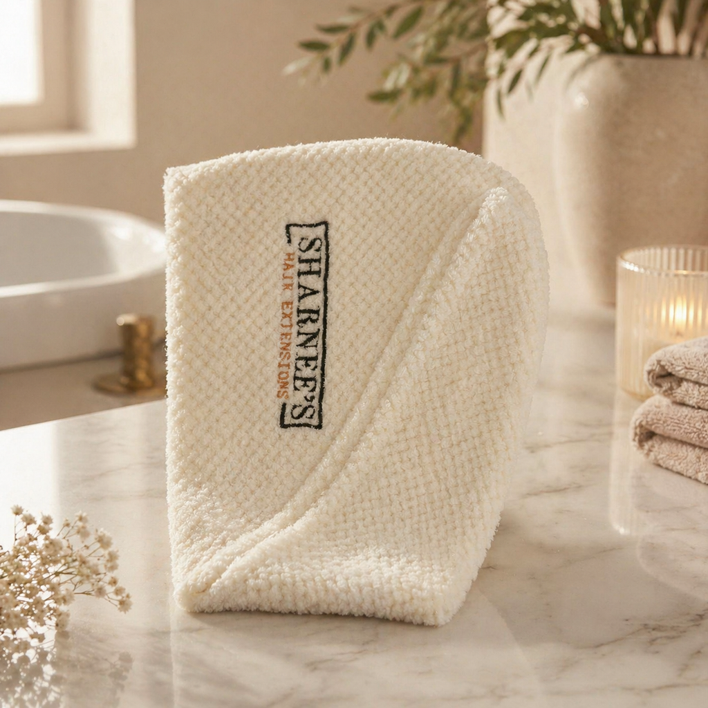 White towel with 'Sharpee's' logo on a marble surface in a bathroom setting