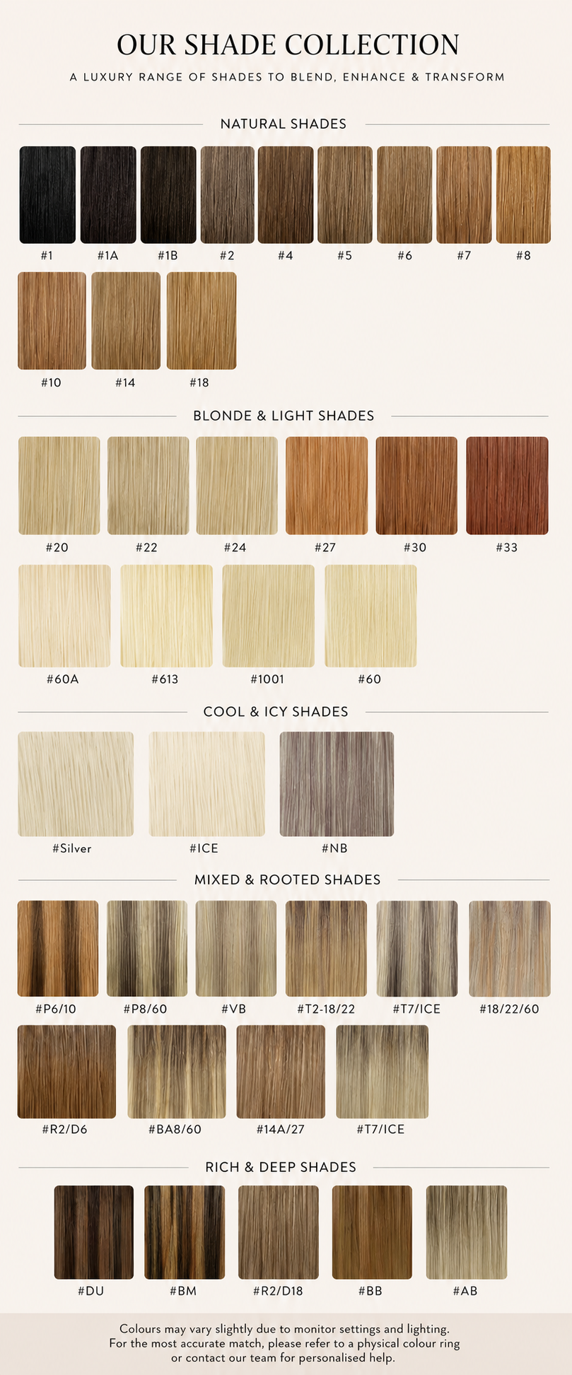 Hair color shade chart with various brown, blonde, and mixed shades.