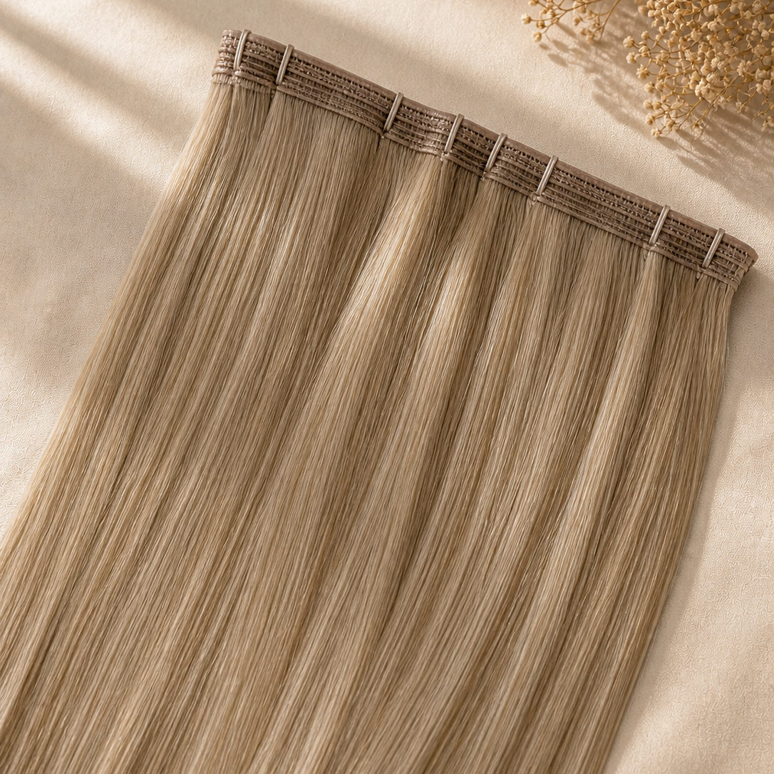 Blonde hair extensions on a beige background