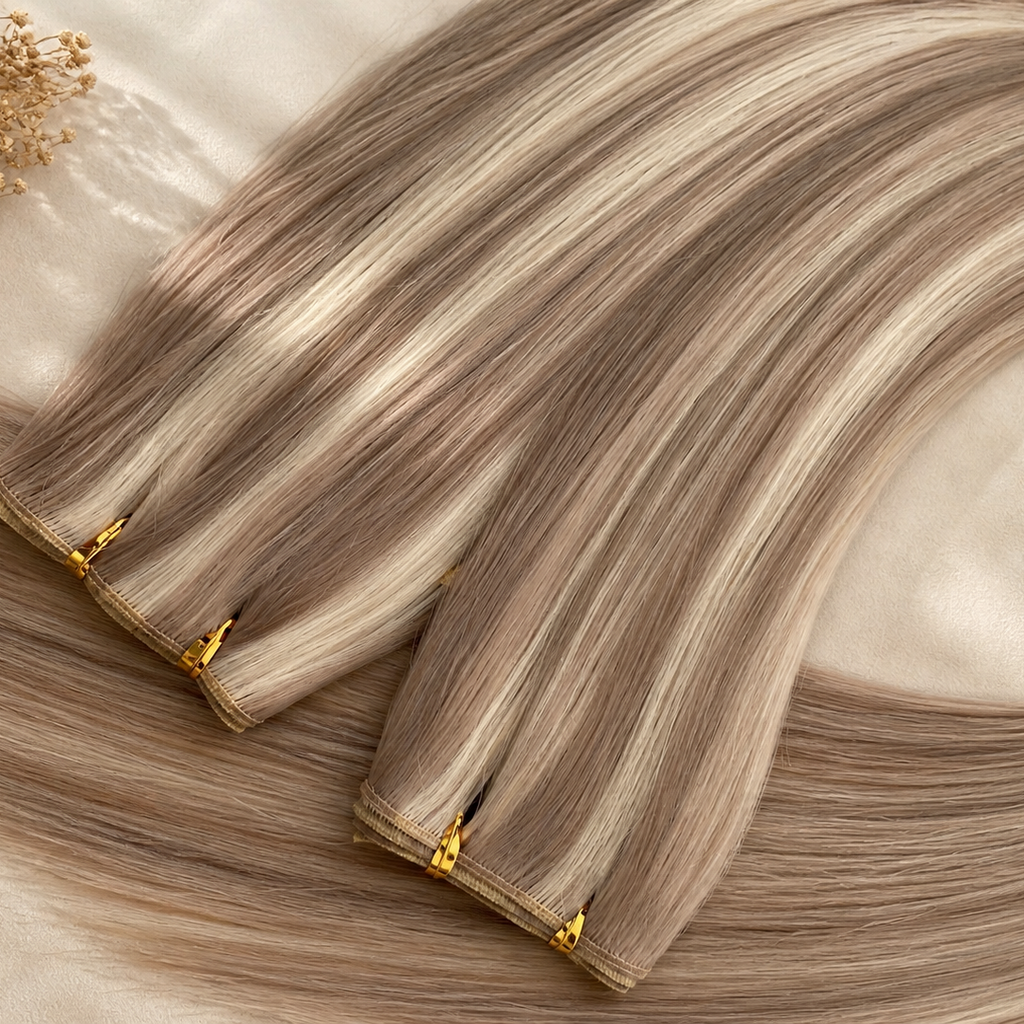 Blonde hair extensions with gold clips on a beige background